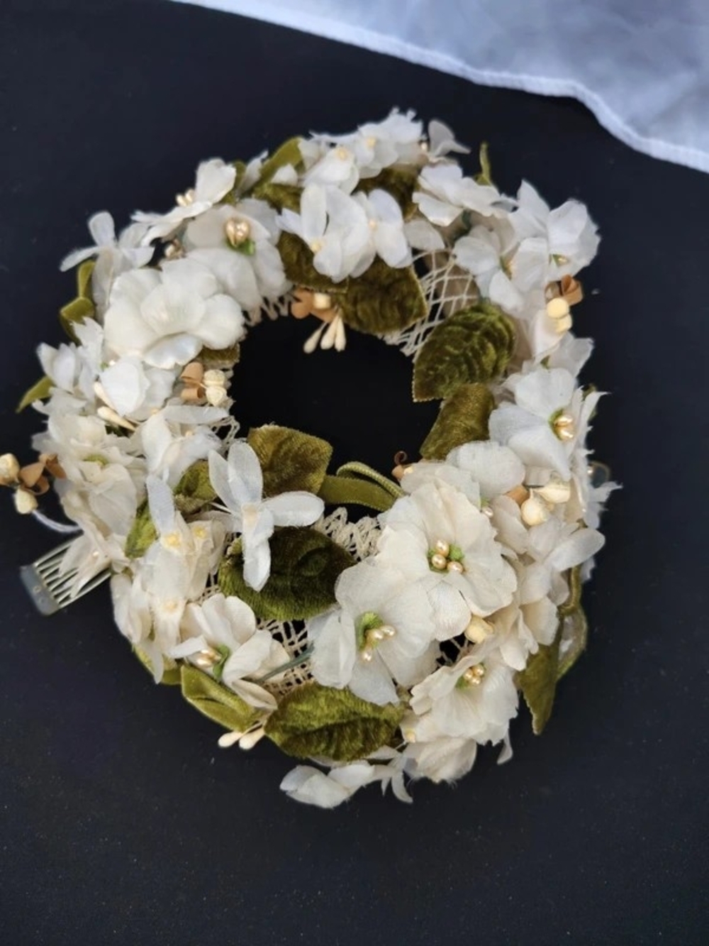 Women’s 1950 Ivory Floral Hair Wreath with Olive Green Leaves